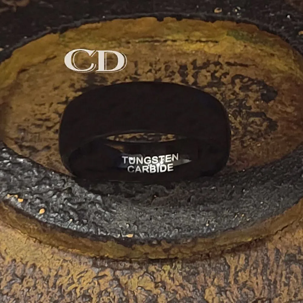 Engraved Mens Real Black Tungsten Wedding Band Dome Design Durable Black Coating